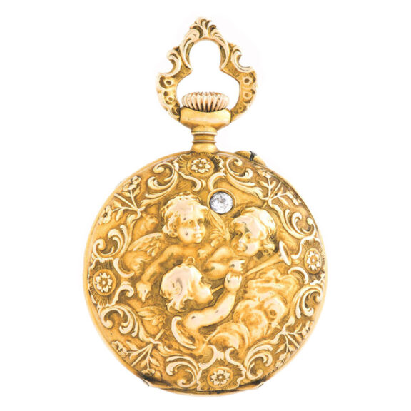 Fine and elegant 14 carat gold and diamond-set lady’s keyless Swiss pendant watch Circa 1900