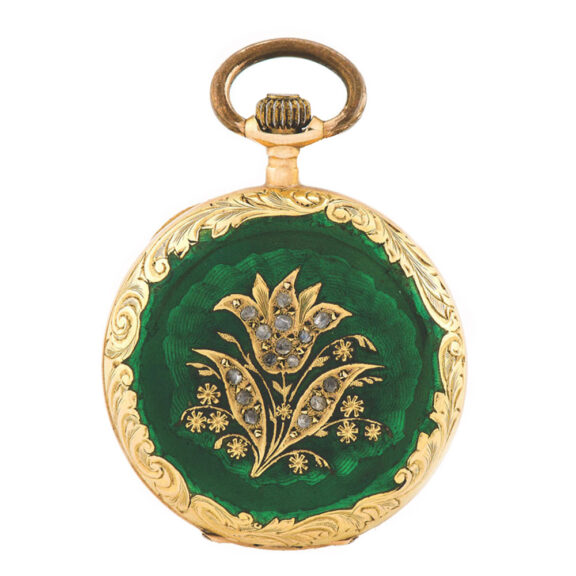 Fine 14 carat gold enamel and rose-cut diamond-set keyless lady’s pendant watch Circa 1885