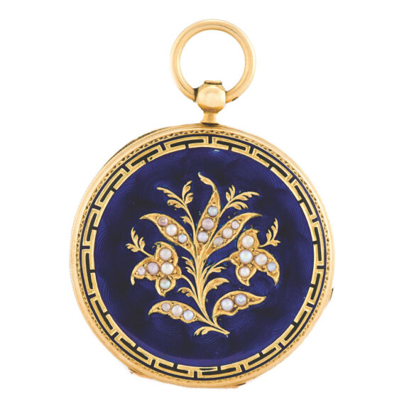 Fine and elegant 18 carat gold enamel and pearl-set lady’s Swiss pendant watch Circa 1850