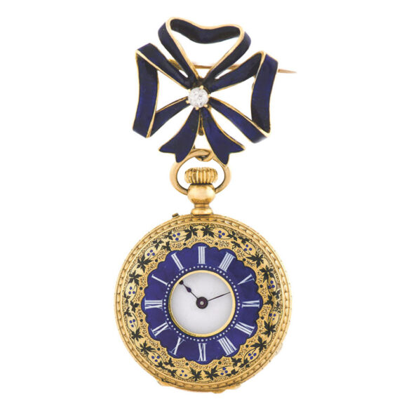 Fine 18 carat gold and enamel half-hunting cased Swiss lady’s keyless pendant watch Circa 1880