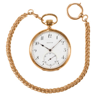 Swiss 14K gold open faced pocket watch with chain Circa 1910
