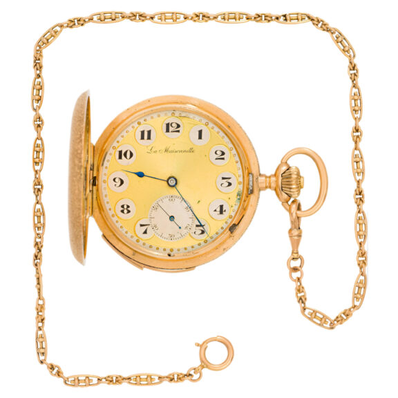 Swiss 14K gold full hunter repeating watch with chain Circa 1910