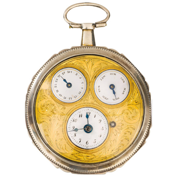 Swiss silver open faced verge calendar watch Circa 1800 Swiss silver open faced verge calendar watch Circa 1800
