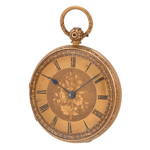 English decorative watch in a gold open faced case Circa 1840 English decorative watch in a gold open faced case Circa 1840