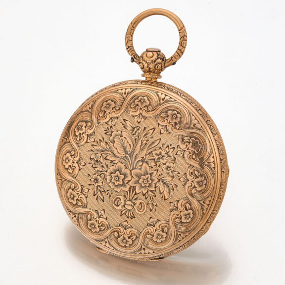 English decorative watch in a gold open faced case Circa 1840 English decorative watch in a gold open faced case Circa 1840