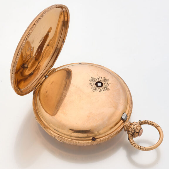 English decorative watch in a gold open faced case Circa 1840 English decorative watch in a gold open faced case Circa 1840