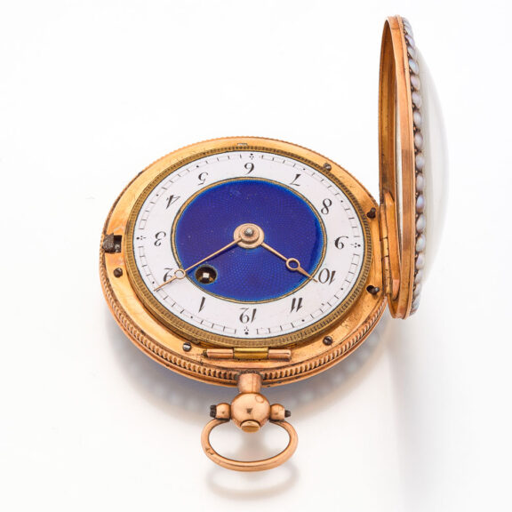 French gold, enamel and seed pearl set watch Circa 1815 French gold, enamel and seed pearl set watch Circa 1815