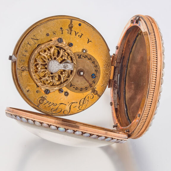 French gold, enamel and seed pearl set watch Circa 1815 French gold, enamel and seed pearl set watch Circa 1815