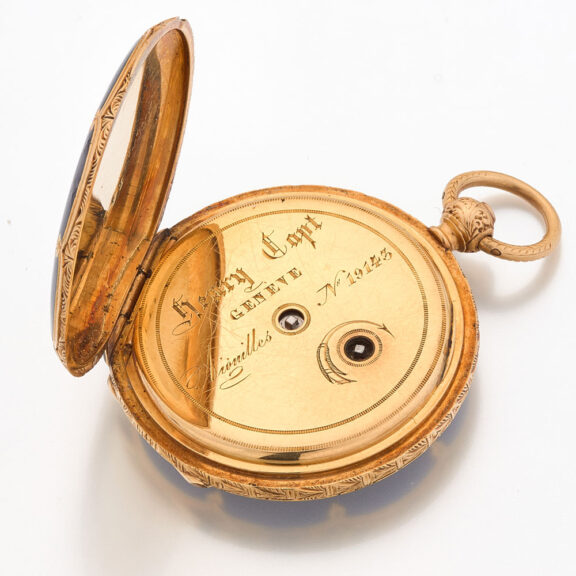 Fine Swiss gold and enamel hunting cased watch Circa 1850 Fine Swiss gold and enamel hunting cased watch Circa 1850