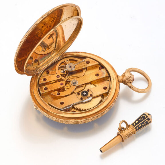 Fine Swiss gold and enamel hunting cased watch Circa 1850 Fine Swiss gold and enamel hunting cased watch Circa 1850