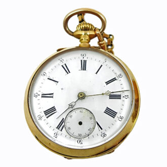 English gold open faced pocket watch with vest chain Circa 1900 English gold open faced pocket watch with vest chain Circa 1900