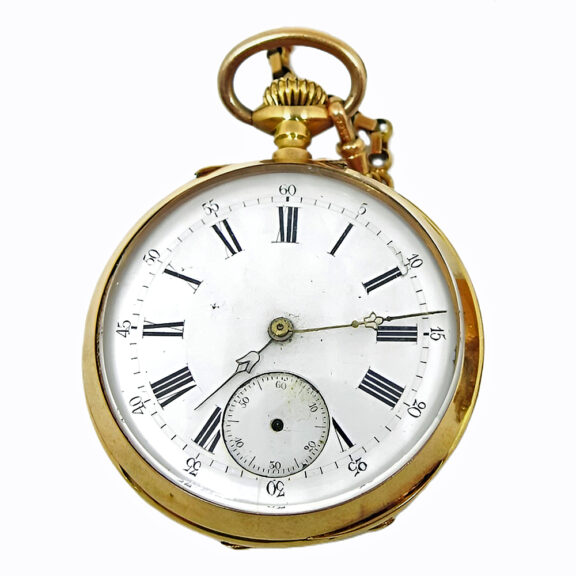 English gold open faced pocket watch with vest chain Circa 1900 English gold open faced pocket watch with vest chain Circa 1900