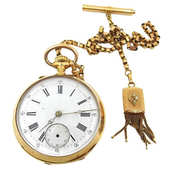 English gold open faced pocket watch with vest chain Circa 1900 English gold open faced pocket watch with vest chain Circa 1900