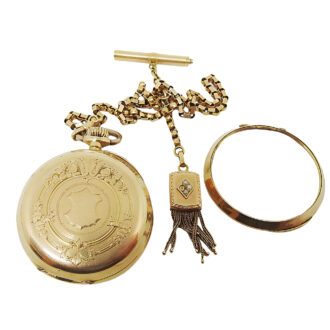 English gold open faced pocket watch with vest chain Circa 1900 English gold open faced pocket watch with vest chain Circa 1900