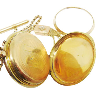 English gold open faced pocket watch with vest chain Circa 1900 English gold open faced pocket watch with vest chain Circa 1900