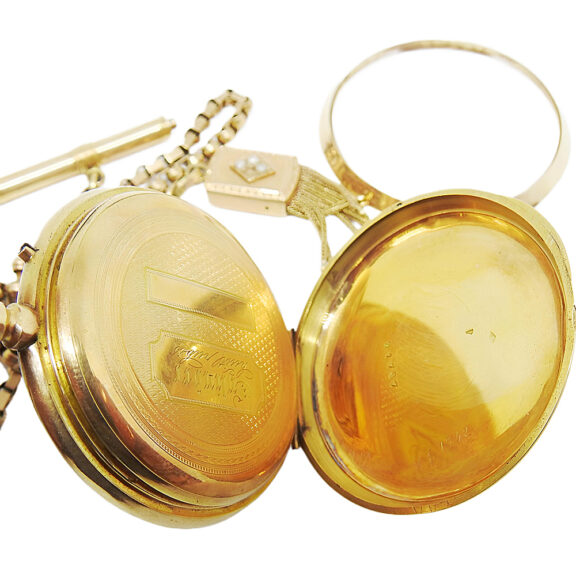 English gold open faced pocket watch with vest chain Circa 1900 English gold open faced pocket watch with vest chain Circa 1900