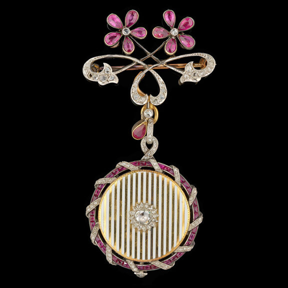 French gold, platinum, and enamel chatelaine watch Circa 1910 French gold, platinum, and enamel chatelaine watch Circa 1910