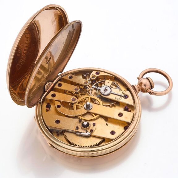 Swiss gold decorative hunting cased watch Circa 1860 Swiss gold decorative hunting cased watch Circa 1860
