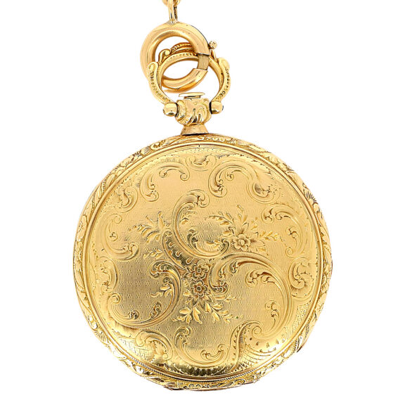 Swiss gold open faced pocket watch with chain from the 19th century Swiss gold open faced pocket watch with chain from the 19th century