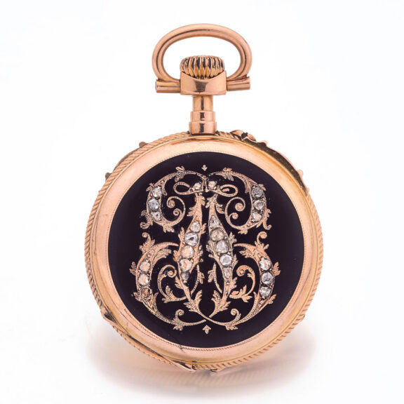 Fine Swiss gold, enamel, paste set cylinder watch Circa 1890 Fine Swiss gold, enamel, paste set cylinder watch Circa 1890
