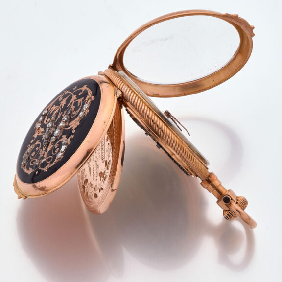 Fine Swiss gold, enamel, paste set cylinder watch Circa 1890 Fine Swiss gold, enamel, paste set cylinder watch Circa 1890
