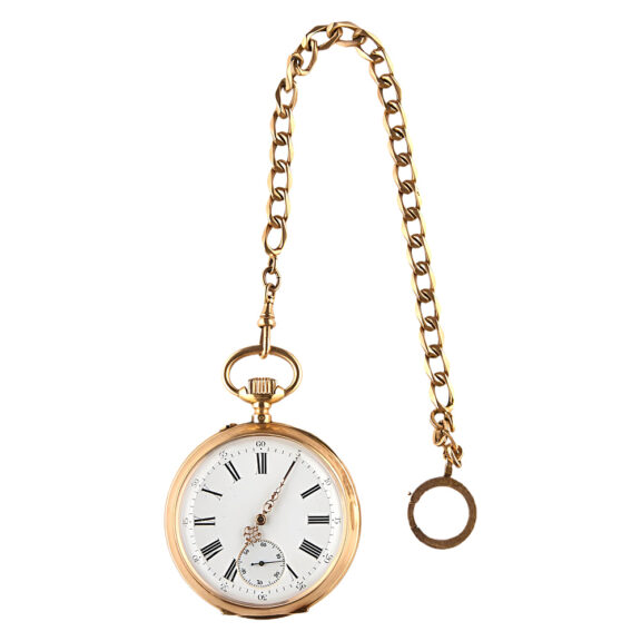 Swiss gold open faced pocket watch with chain Circa 1890 Swiss gold open faced pocket watch with chain Circa 1890
