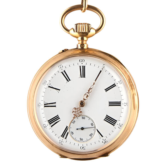 Swiss gold open faced pocket watch with chain Circa 1890 Swiss gold open faced pocket watch with chain Circa 1890