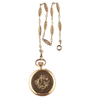 Swiss gold open faced pocket watch with chain from the 19th century
