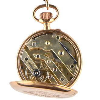Swiss gold open faced pocket watch with chain from the 19th century