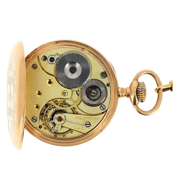 Swiss gold open faced pocket watch with chain Circa 1900 Swiss gold open faced pocket watch with chain Circa 1900
