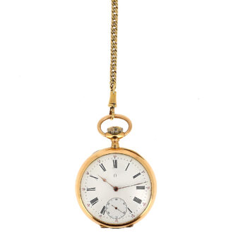 Swiss gold open faced pocket watch with chain Circa 1900