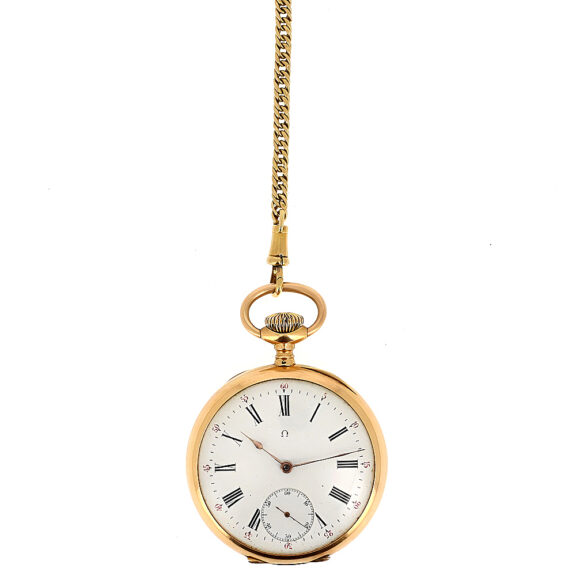 Swiss gold open faced pocket watch with chain Circa 1900 Swiss gold open faced pocket watch with chain Circa 1900