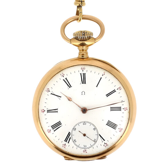 Swiss gold open faced pocket watch with chain Circa 1900 Swiss gold open faced pocket watch with chain Circa 1900