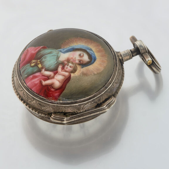 A Swiss verge watch in a silver and enamel case Circa 1760 A Swiss verge watch in a silver and enamel case Circa 1760