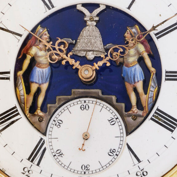 Rare Swiss gold minute repeating automaton watch Circa 1890 Rare Swiss gold minute repeating automaton watch Circa 1890