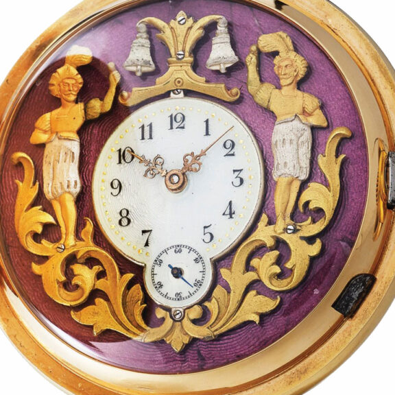 Swiss gold quarter repeater with automata Circa 1900 Swiss gold quarter repeater with automata Circa 1900