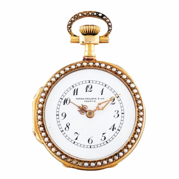 Swiss pearl set watch with enamel decoration Circa 1891 Swiss pearl set watch with enamel decoration Circa 1891