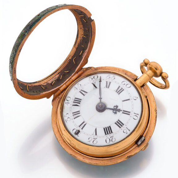 English verge watch in gilt shagreen pair cases Circa 1760 English verge watch in gilt shagreen pair cases Circa 1760