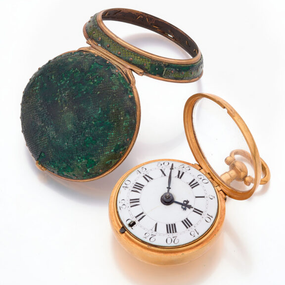 English verge watch in gilt shagreen pair cases Circa 1760 English verge watch in gilt shagreen pair cases Circa 1760