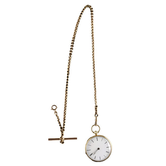 French gold open faced ladies watch with chain Circa 1910 French gold open faced ladies watch with chain Circa 1910