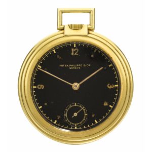 Swiss yellow gold keyless watch with black dial Circa 1938