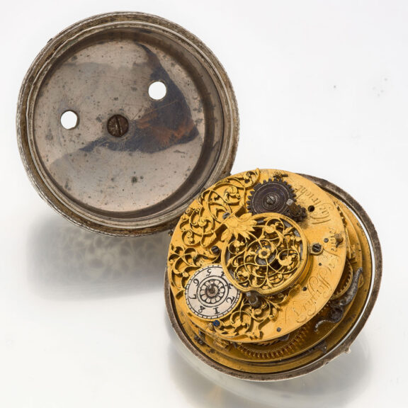 Dutch silver verge with protective outer and alarm Circa 1680 Dutch silver verge with protective outer and alarm Circa 1680