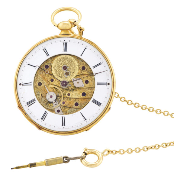 Swiss bagnolet calibre ultra thin watch with an 18 Carat gold chain and brass male key Circa 1840