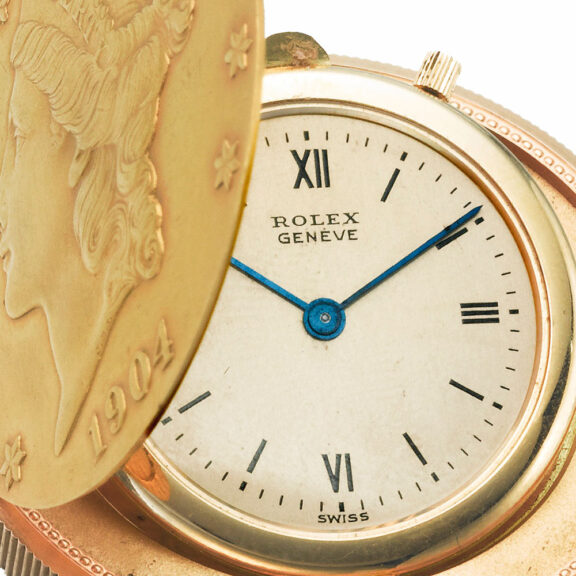 Swiss 18k ryellow gold twenty dollar coin watch Circa 1975 Swiss 18k ryellow gold twenty dollar coin watch Circa 1975