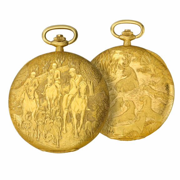 Unique Swiss lever with chased 'chasse a courre' scene Circa 1971
