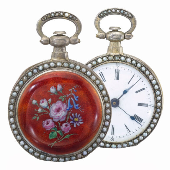 Swiss silver gilt, enamel and pearl set duplex watch Circa 1865 Swiss silver gilt, enamel and pearl set duplex watch Circa 1865