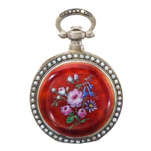 Swiss silver gilt, enamel and pearl set duplex watch Circa 1865