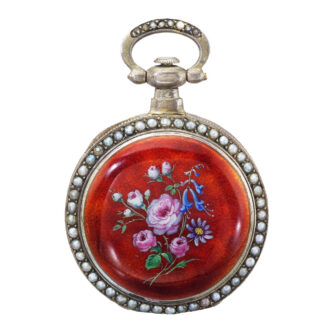 Swiss silver gilt, enamel and pearl set duplex watch Circa 1865