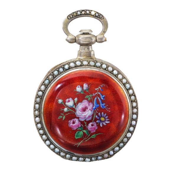Swiss silver gilt, enamel and pearl set duplex watch Circa 1865