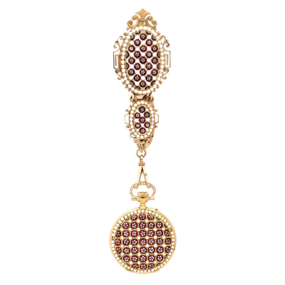 Swiss gold, enamel and pearl set chatelaine watch Circa 1800